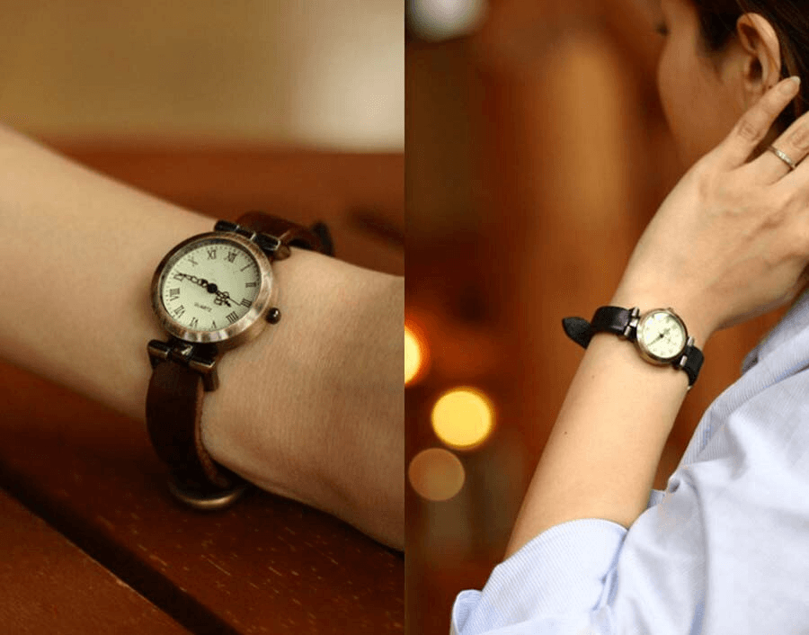 Montre en cuir vintage pour femmes avec cadran noir