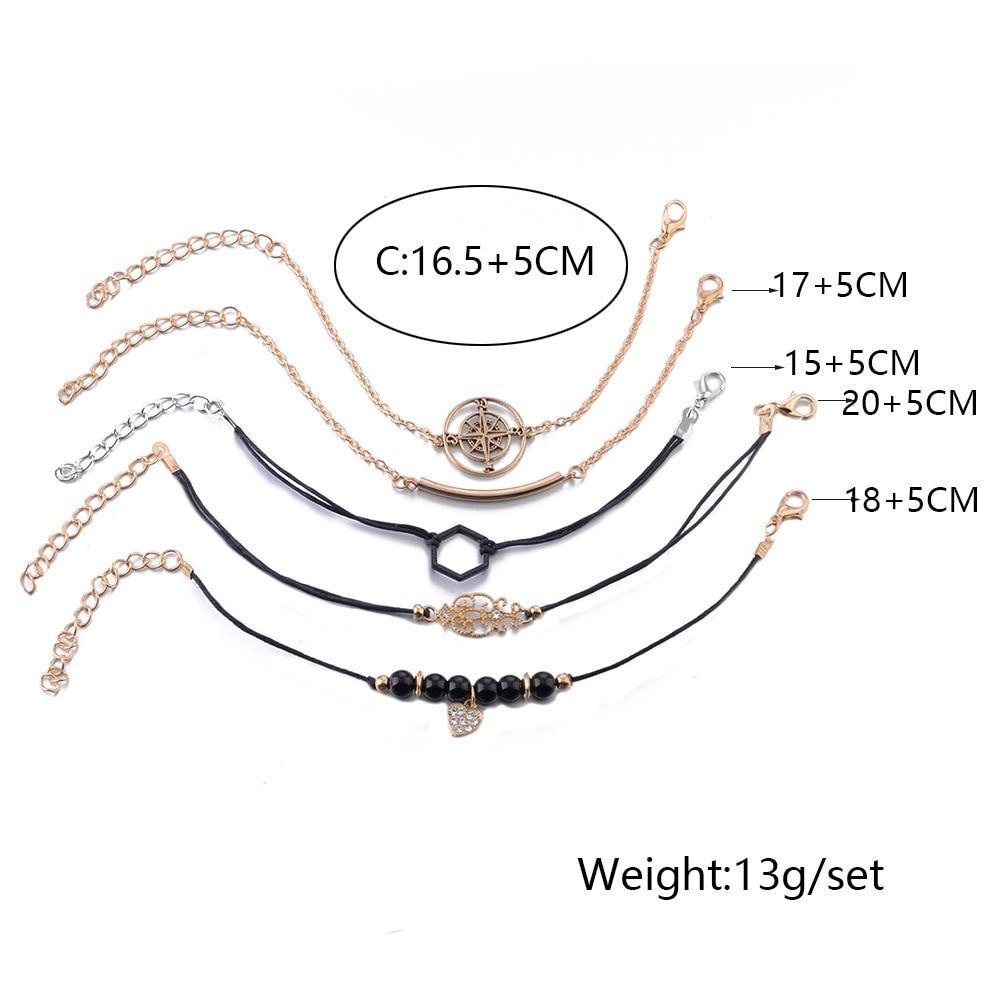 Elegant Bohemian Black Beaded Bracelets Set for Women - Heart & Compass Design in Gold - Korvel
