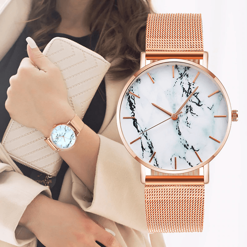 Montre de poignet pour femmes en marbre rose doré de luxe