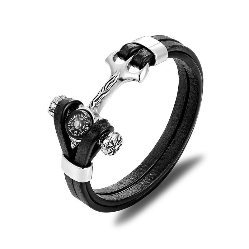 Bracelet en cuir et acier inoxydable à charms multi-couches élégant