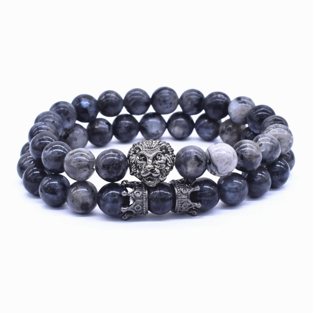 Vintage Lion Head & Crown Charm Bracelet with Lava Stone Beads