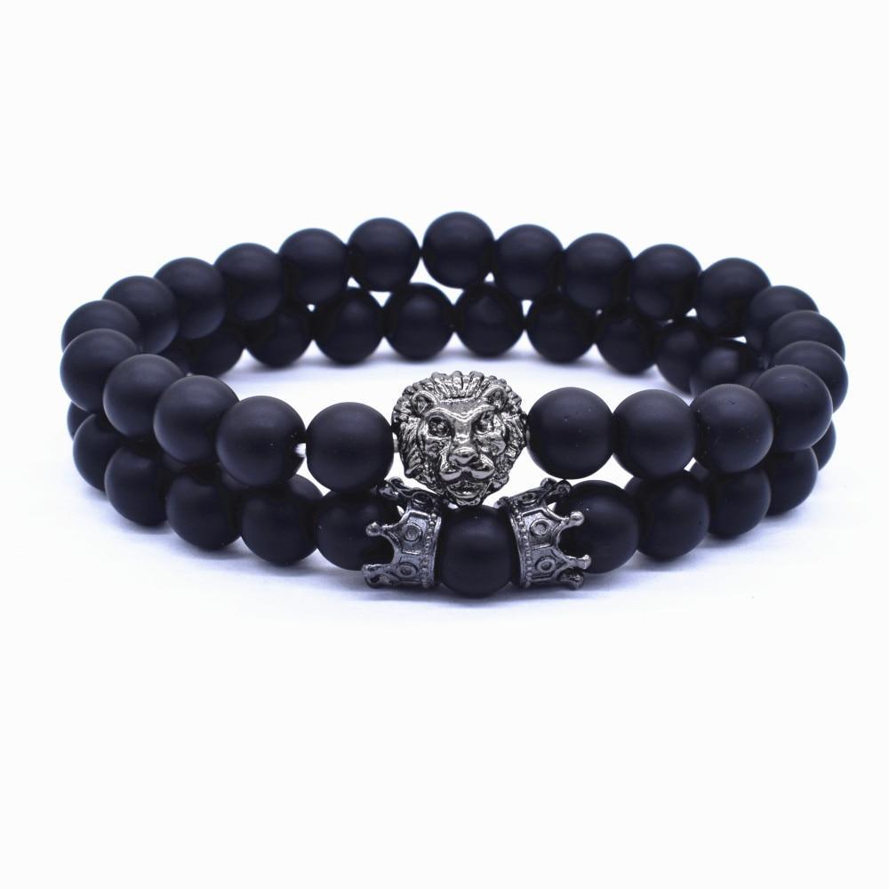 Vintage Lion Head & Crown Charm Bracelet with Lava Stone Beads