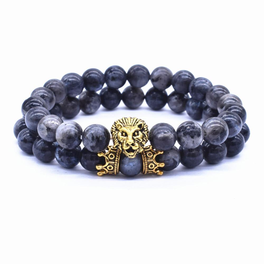 Vintage Lion Head & Crown Charm Bracelet with Lava Stone Beads