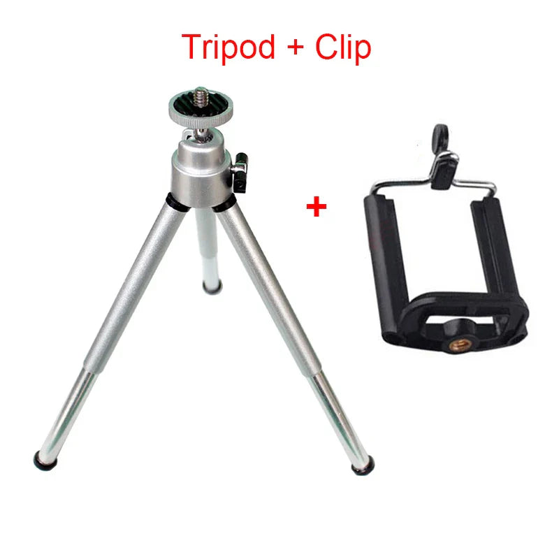 Mini trípode de aluminio con clip para teléfono