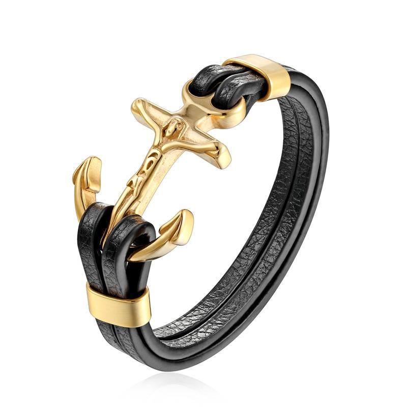 Pulsera de Ancla de Cuero Genuino con Charm de Acero Inoxidable