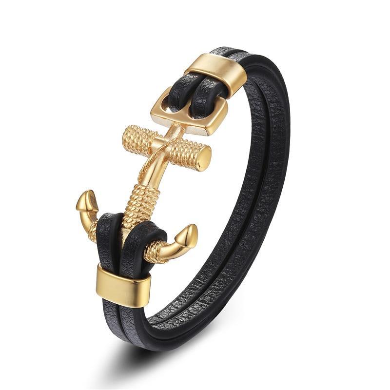 Pulsera de Ancla de Cuero Genuino con Charm de Acero Inoxidable