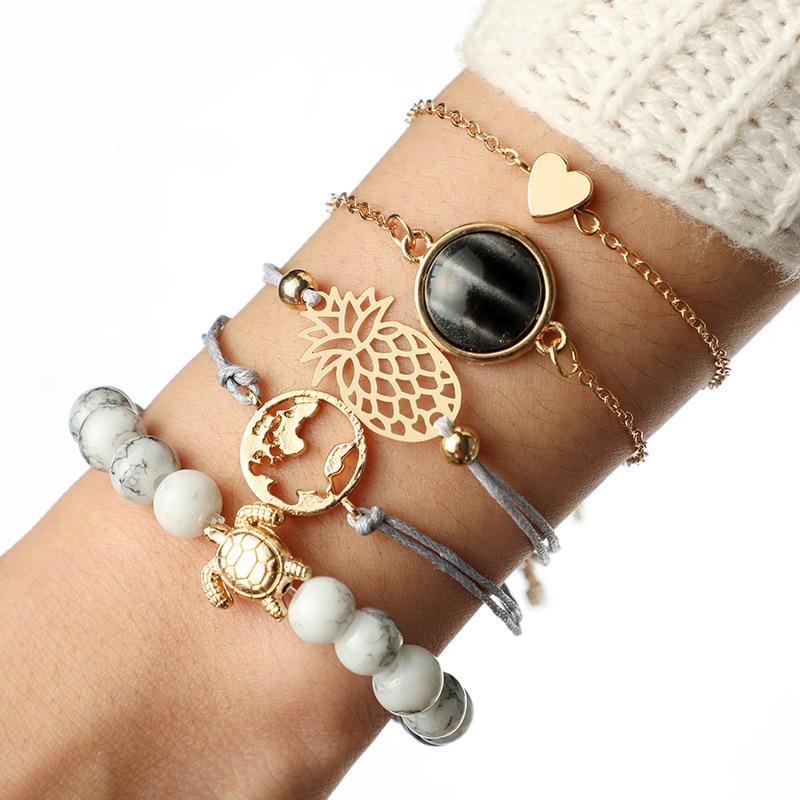 Elegant Pineapple Heart Map Stone Gem Bangles Set for Women