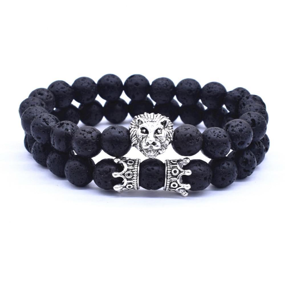 Vintage Lion Head & Crown Charm Bracelet with Lava Stone Beads