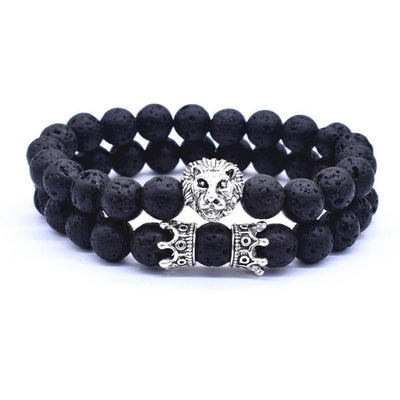 Vintage Lion Head & Crown Charm Bracelet with Lava Stone Beads