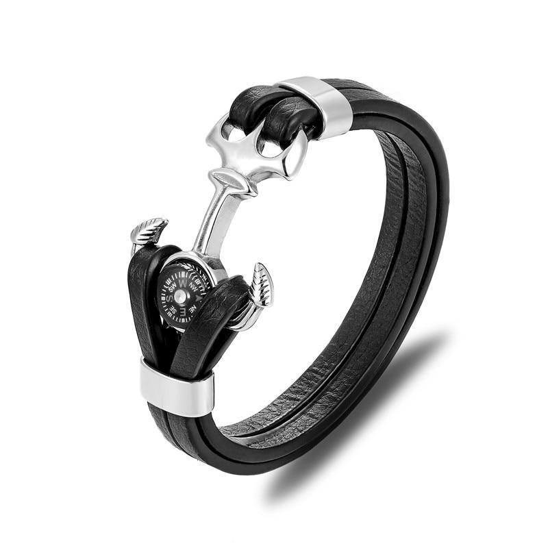 Bracelet en cuir et acier inoxydable à charms multi-couches élégant