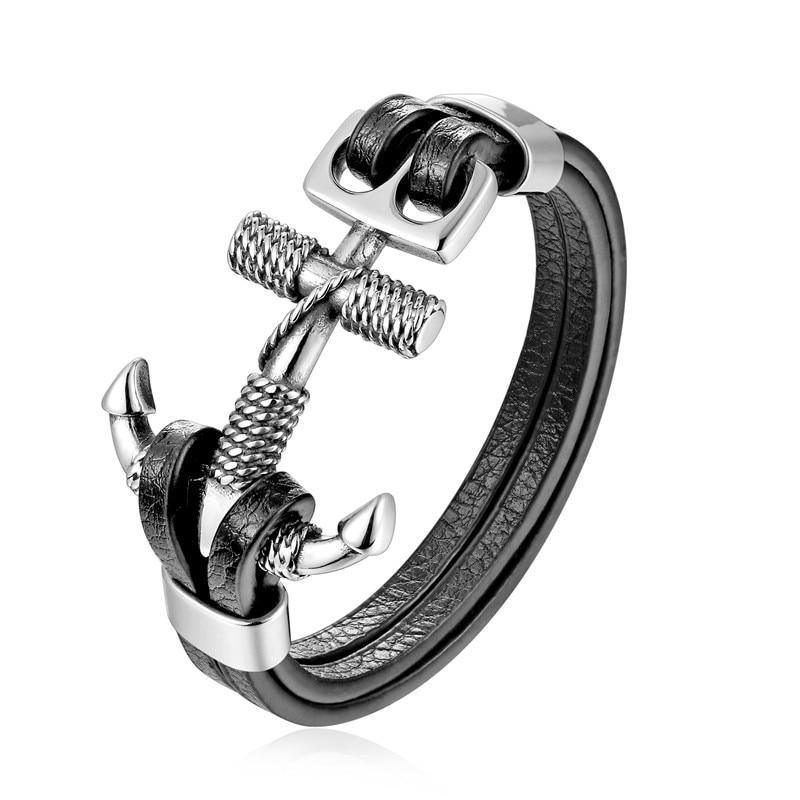 Pulsera de Ancla de Cuero Genuino con Charm de Acero Inoxidable