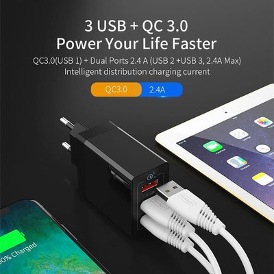 30W Ultra-Fast QC 3.0 Multi-Port USB Wall Charger for Mobile Devices - Korvel