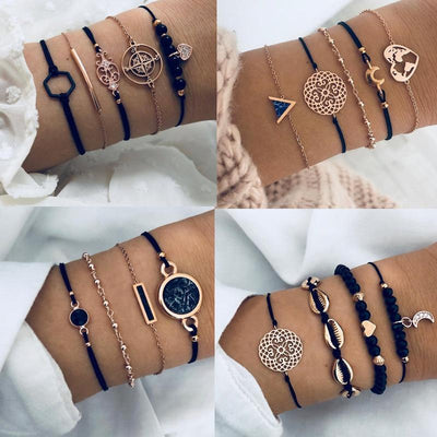 Elegant Bohemian Black Beaded Bracelets Set for Women - Heart & Compass Design in Gold - Korvel