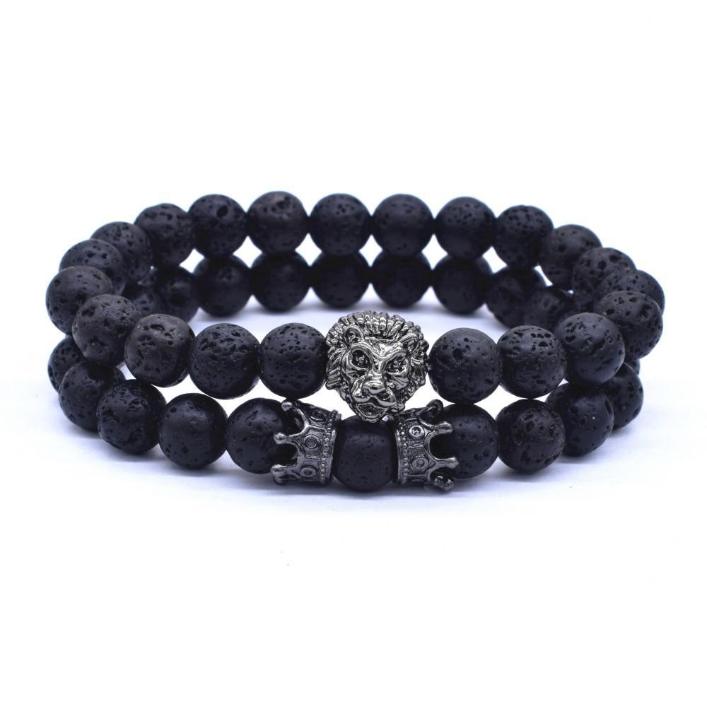 Vintage Lion Head & Crown Charm Bracelet with Lava Stone Beads
