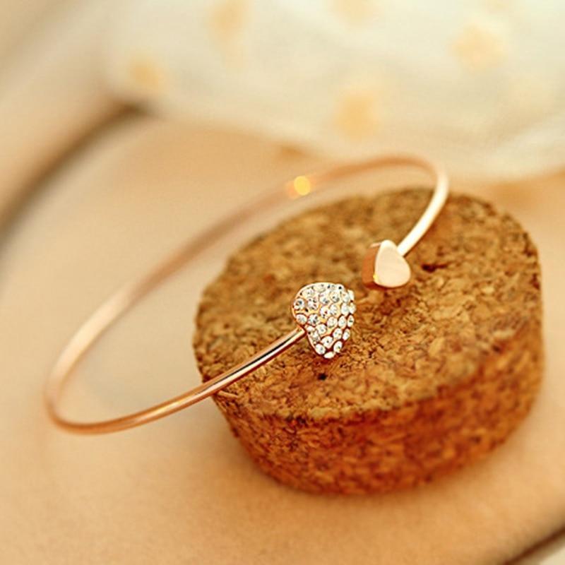 Adjustable Stainless Steel Crystal Double Heart Bow Cuff Bracelet