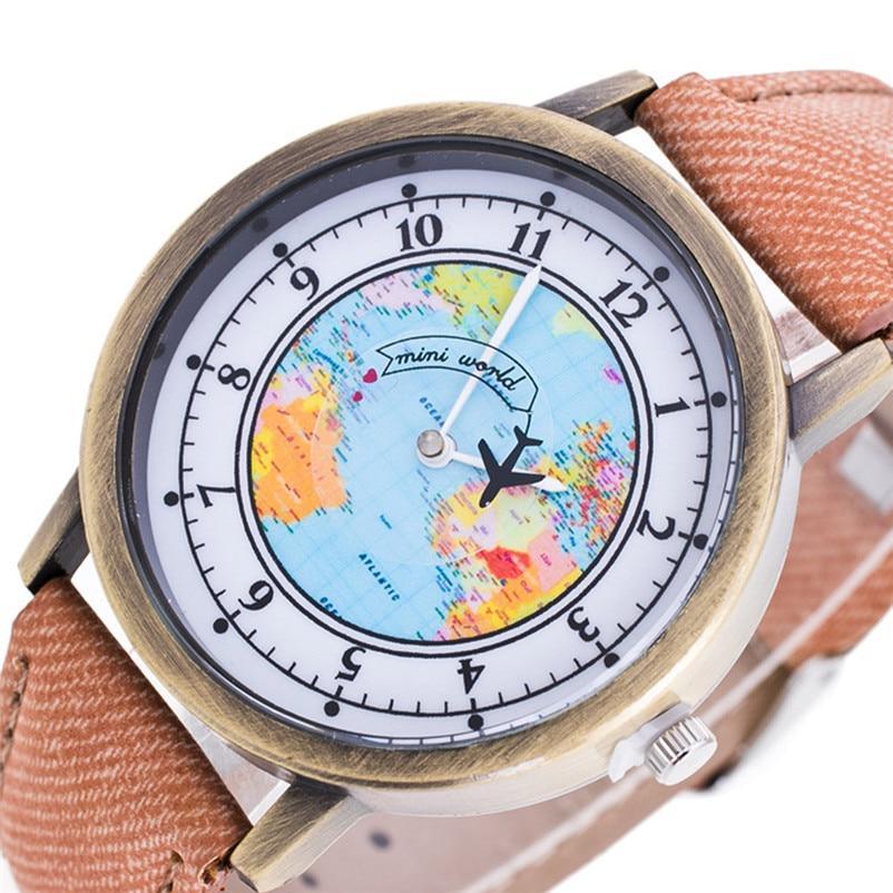 Montre à Quartz Casual Femme avec Design de Carte du Monde