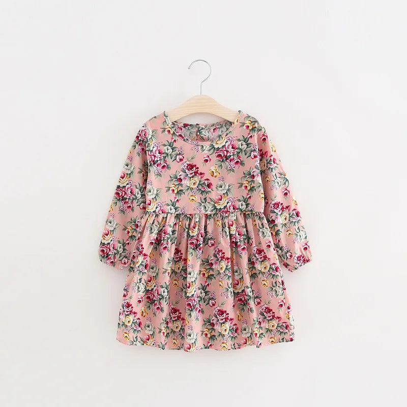 New Kids Long Sleeve Dresses Girls Flower Printed Princess Dress Summer Children Clothing 2 3 4 5 6 7 Years Girl Elegant Outfits - Korvel