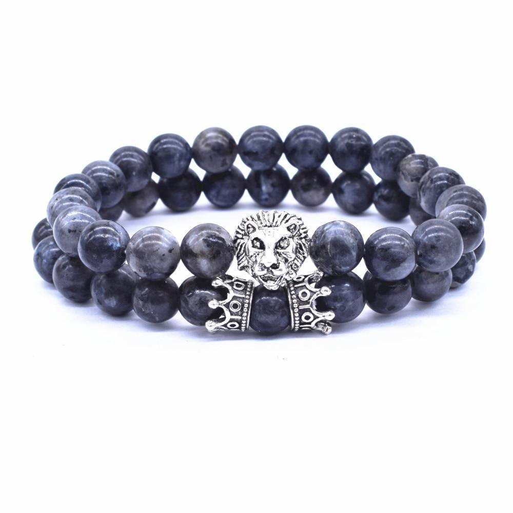 Vintage Lion Head & Crown Charm Bracelet with Lava Stone Beads