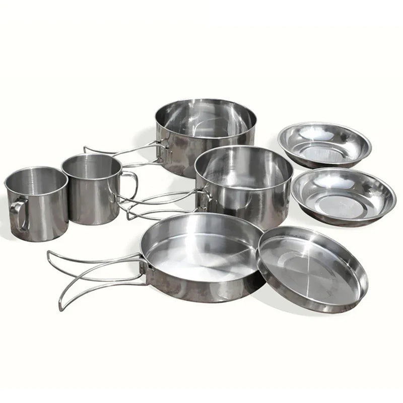 Mayitr 8Pcs Stainless Steel Outdoor Camping Picnic Pot Pan Kit Camping Backpacking Hiking Cookware Set High quality - Korvel