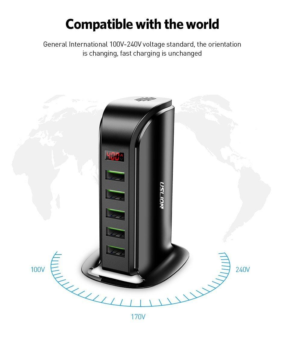 Cargador USB de Ahorro de Energía de 5 Puertos con Pantalla LED