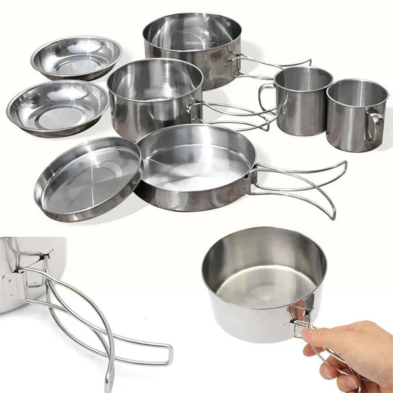 Mayitr 8Pcs Stainless Steel Outdoor Camping Picnic Pot Pan Kit Camping Backpacking Hiking Cookware Set High quality - Korvel