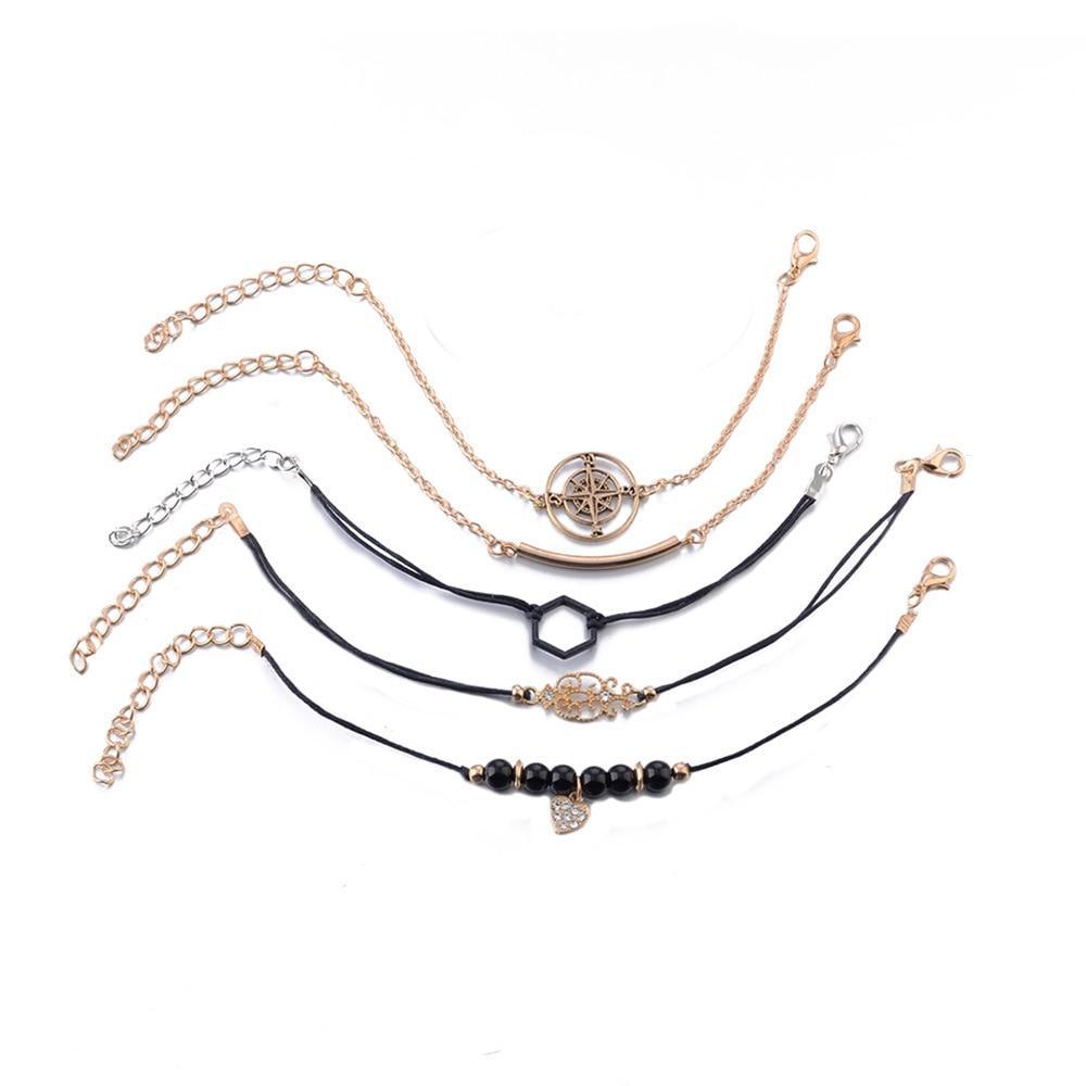 Elegant Bohemian Black Beaded Bracelets Set for Women - Heart & Compass Design in Gold - Korvel