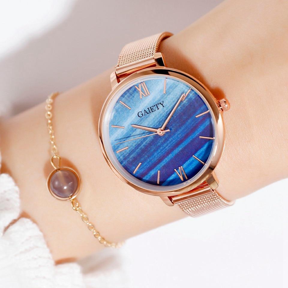 Montre Quartz Casual Femme en Or Rose avec Bracelet en Maille