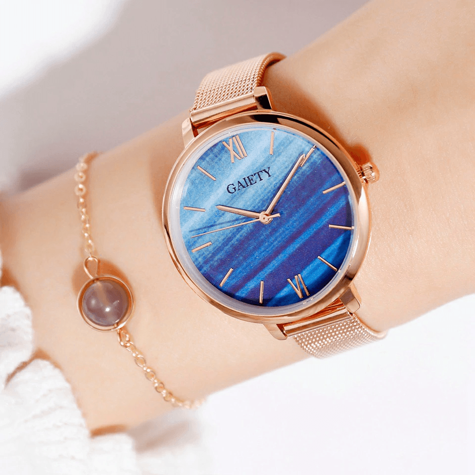 Montre Quartz Casual Femme en Or Rose avec Bracelet en Maille