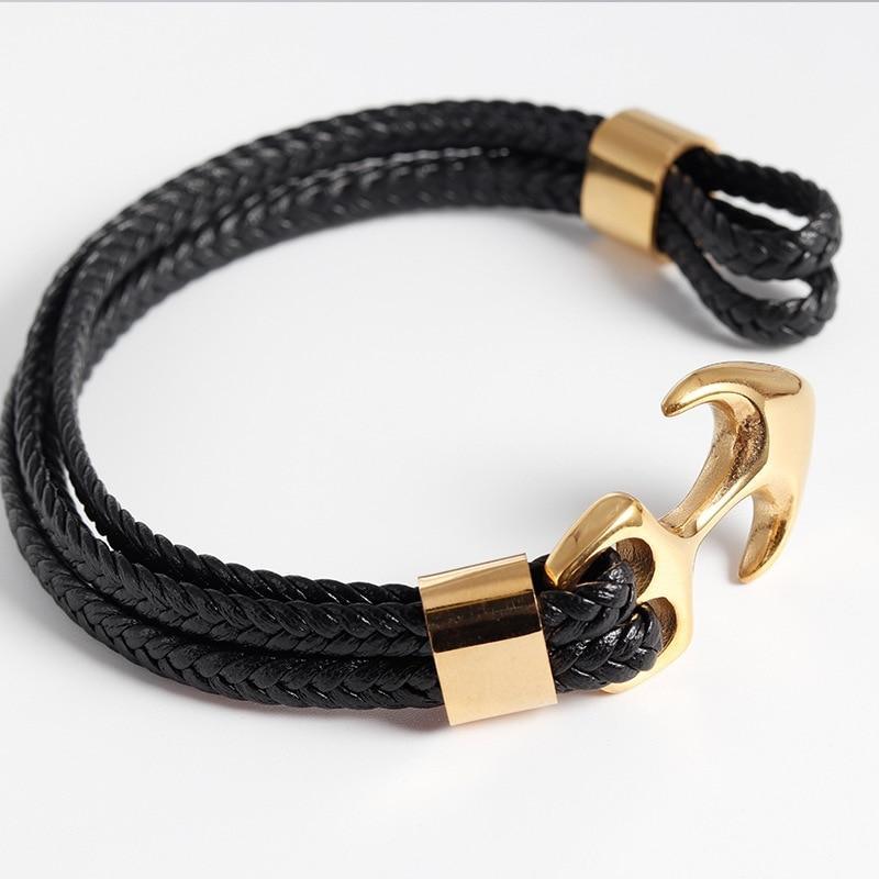 Elegant Blue Leather Bracelet for Men with Gold Anchor