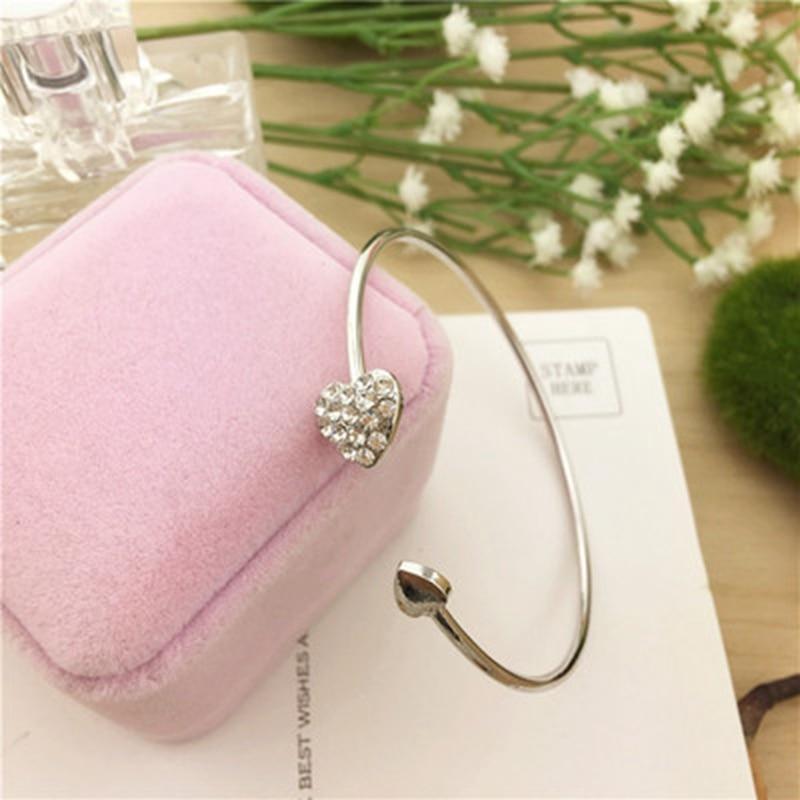 Adjustable Stainless Steel Crystal Double Heart Bow Cuff Bracelet
