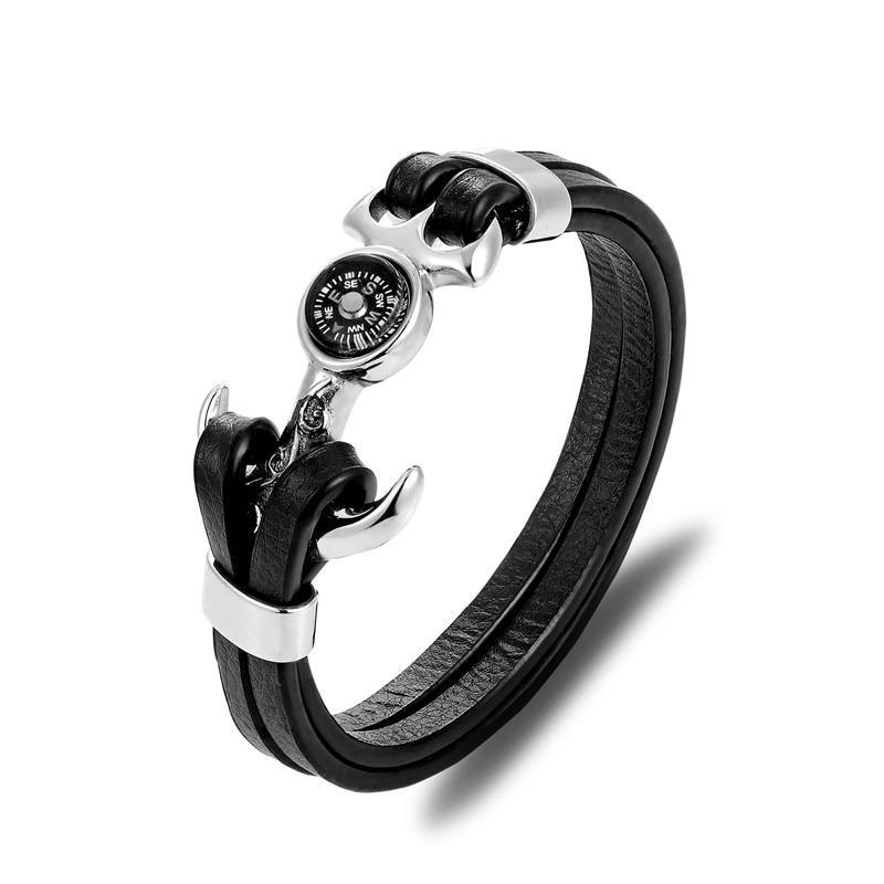 Bracelet en cuir et acier inoxydable à charms multi-couches élégant