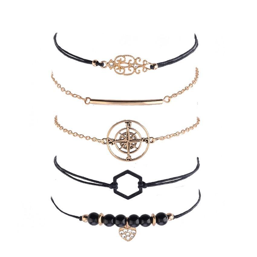 Elegant Bohemian Black Beaded Bracelets Set for Women - Heart & Compass Design in Gold - Korvel