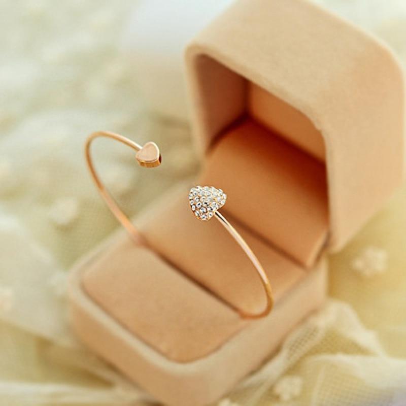 Adjustable Stainless Steel Crystal Double Heart Bow Cuff Bracelet