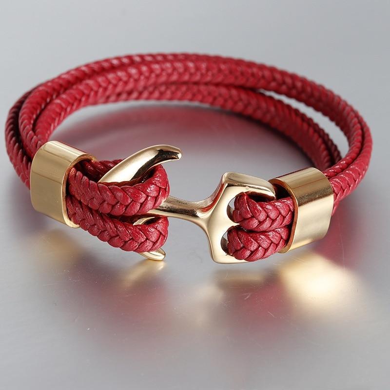 Elegant Blue Leather Bracelet for Men with Gold Anchor