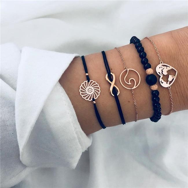 Elegant Bohemian Black Beaded Bracelets Set for Women - Heart & Compass Design in Gold - Korvel