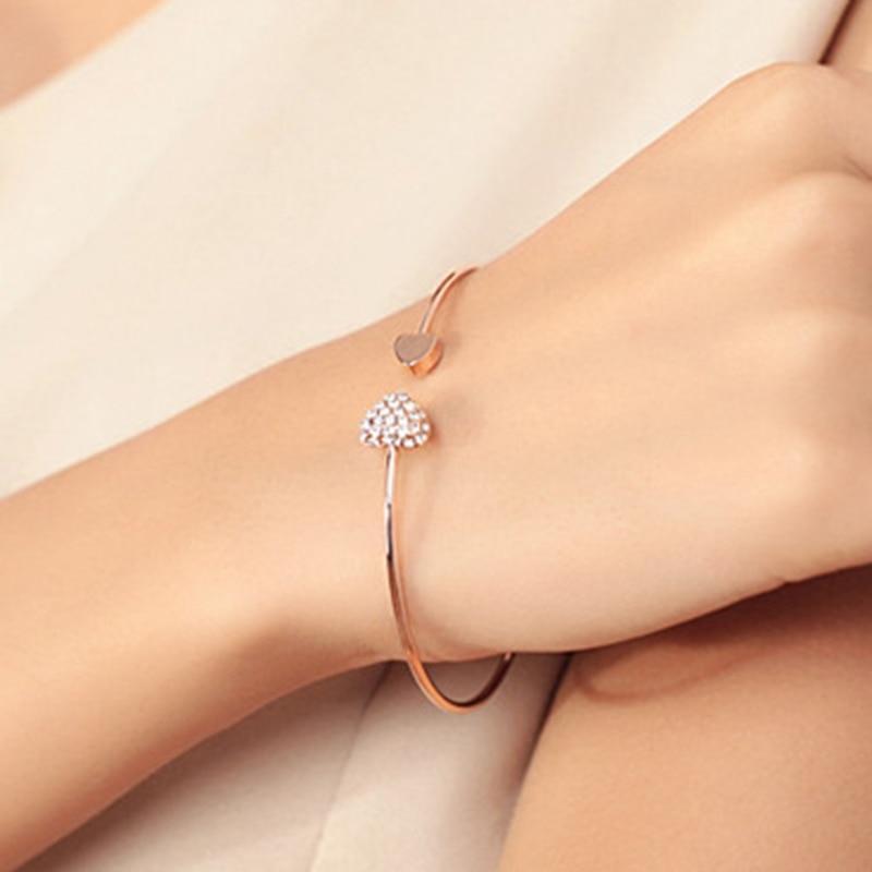 Adjustable Stainless Steel Crystal Double Heart Bow Cuff Bracelet