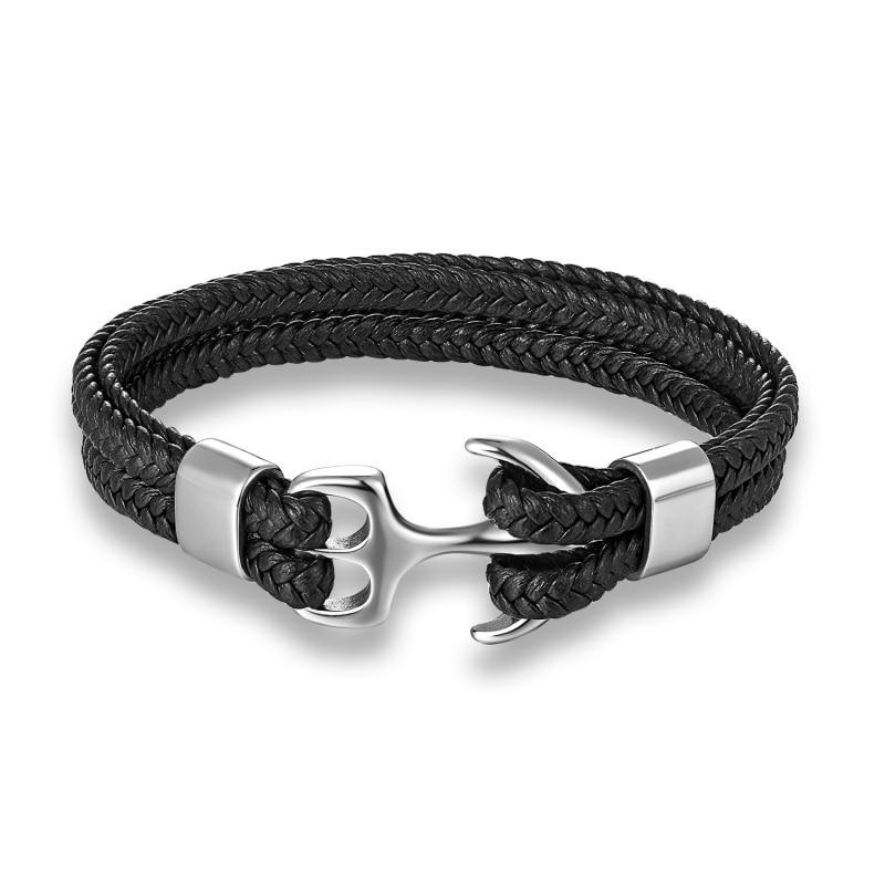 Elegant Blue Leather Bracelet for Men with Gold Anchor