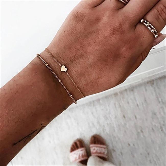Elegant Bohemian Black Beaded Bracelets Set for Women - Heart & Compass Design in Gold - Korvel