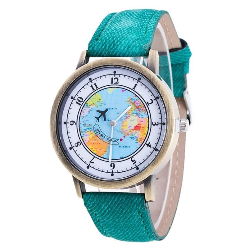 Montre à Quartz Casual Femme avec Design de Carte du Monde