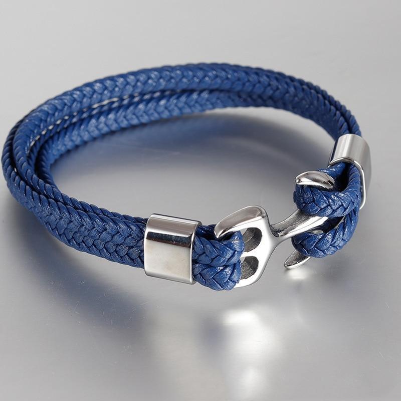 Elegant Blue Leather Bracelet for Men with Gold Anchor