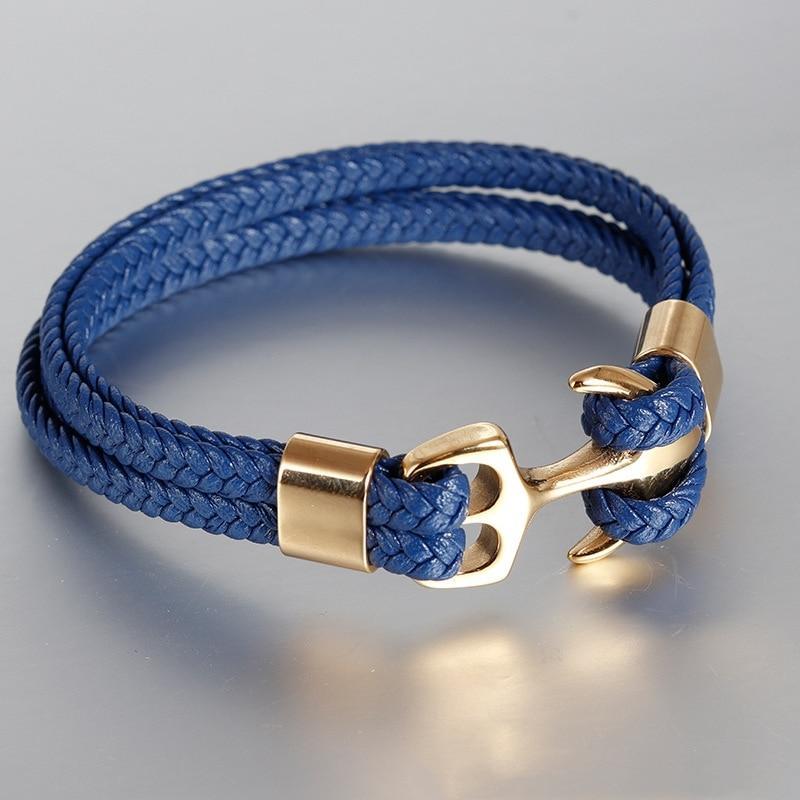 Elegant Blue Leather Bracelet for Men with Gold Anchor