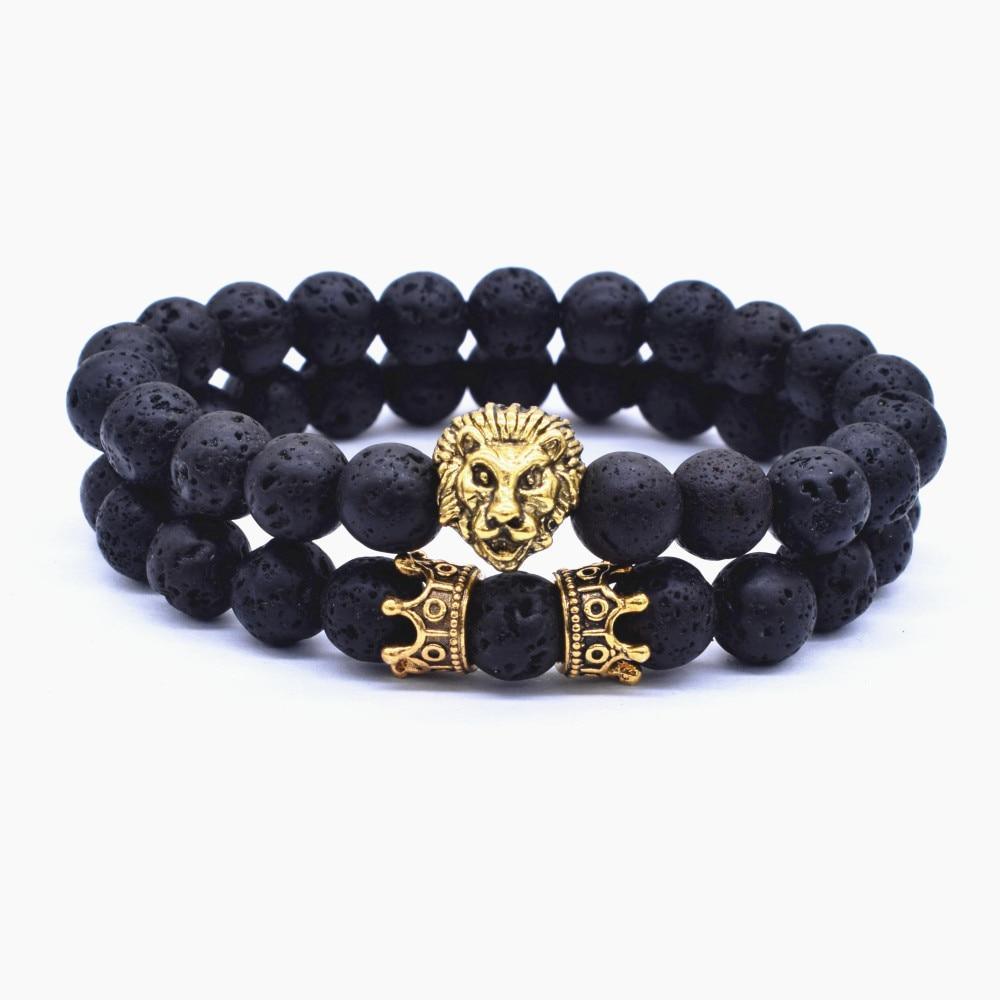Vintage Lion Head & Crown Charm Bracelet with Lava Stone Beads