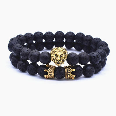 Vintage Lion Head & Crown Charm Bracelet with Lava Stone Beads