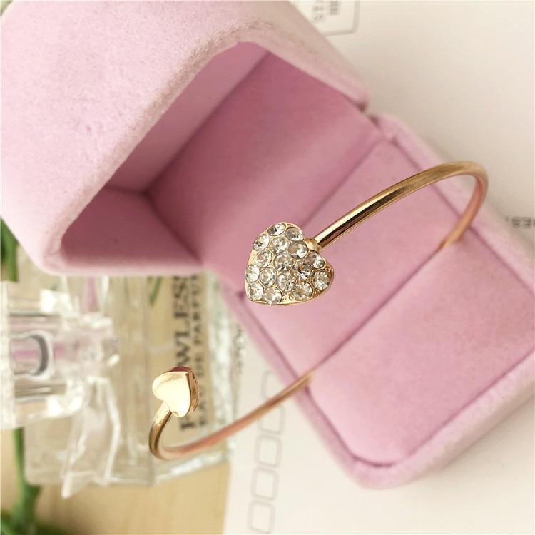 Adjustable Stainless Steel Crystal Double Heart Bow Cuff Bracelet