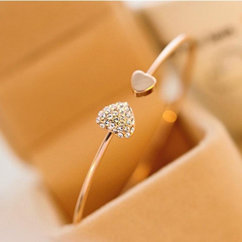 Adjustable Stainless Steel Crystal Double Heart Bow Cuff Bracelet