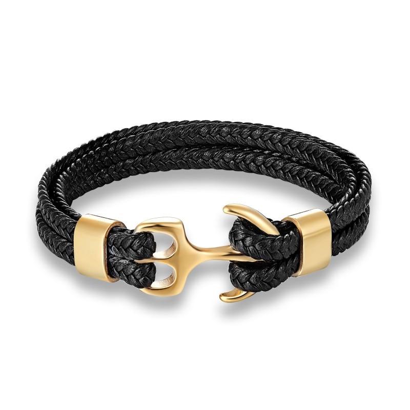 Elegant Blue Leather Bracelet for Men with Gold Anchor