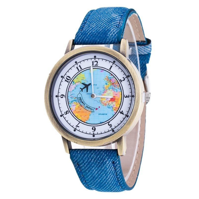 Montre à Quartz Casual Femme avec Design de Carte du Monde