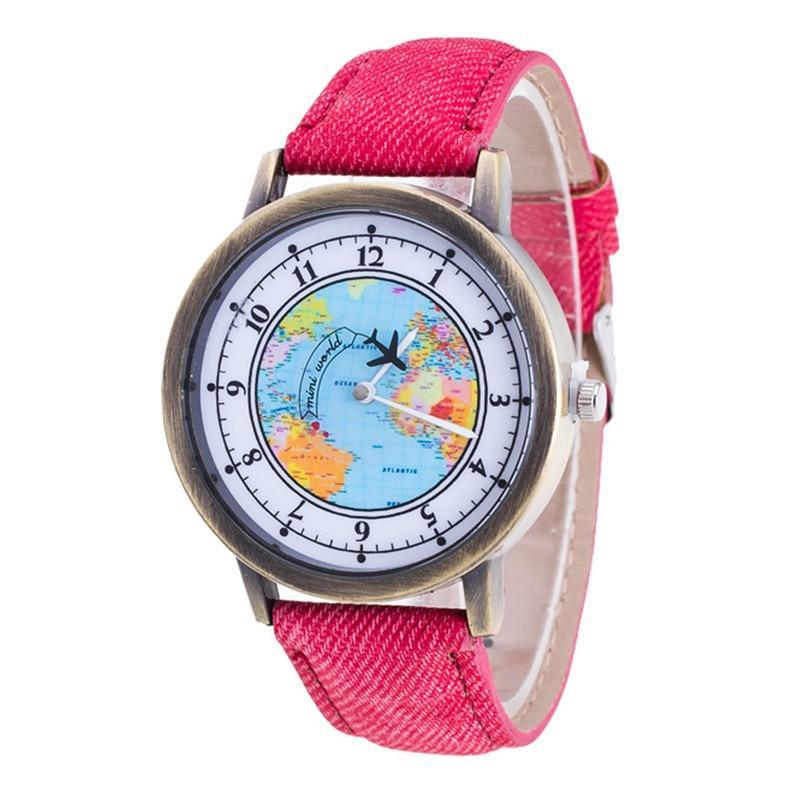 Montre à Quartz Casual Femme avec Design de Carte du Monde