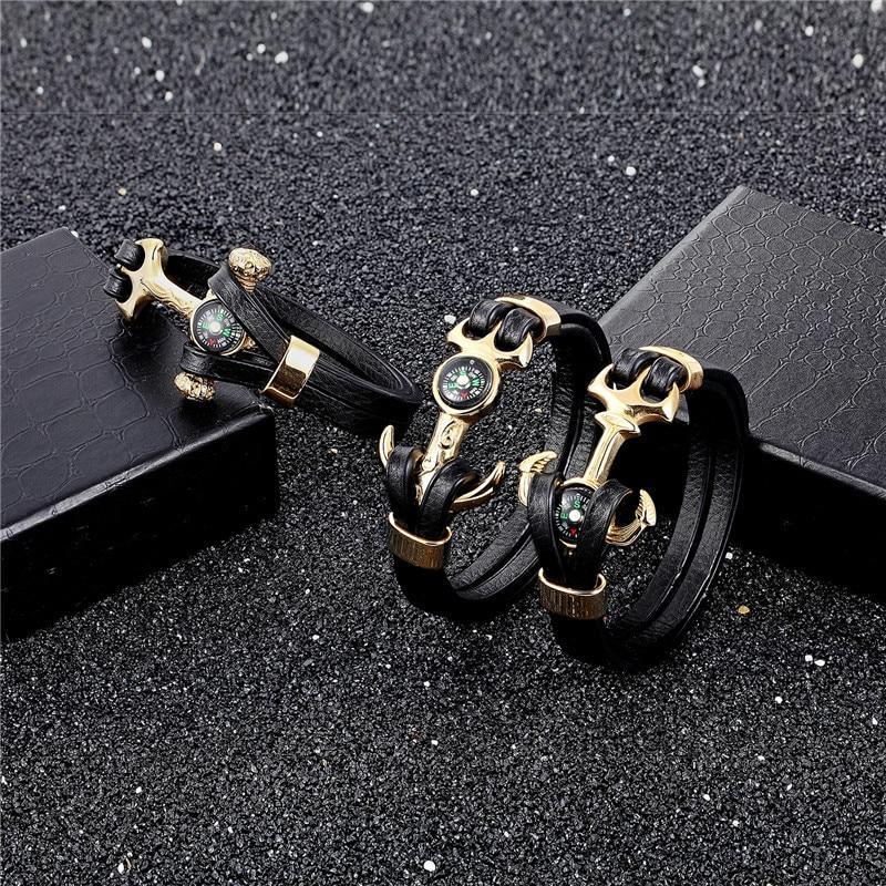 Bracelet en cuir et acier inoxydable à charms multi-couches élégant