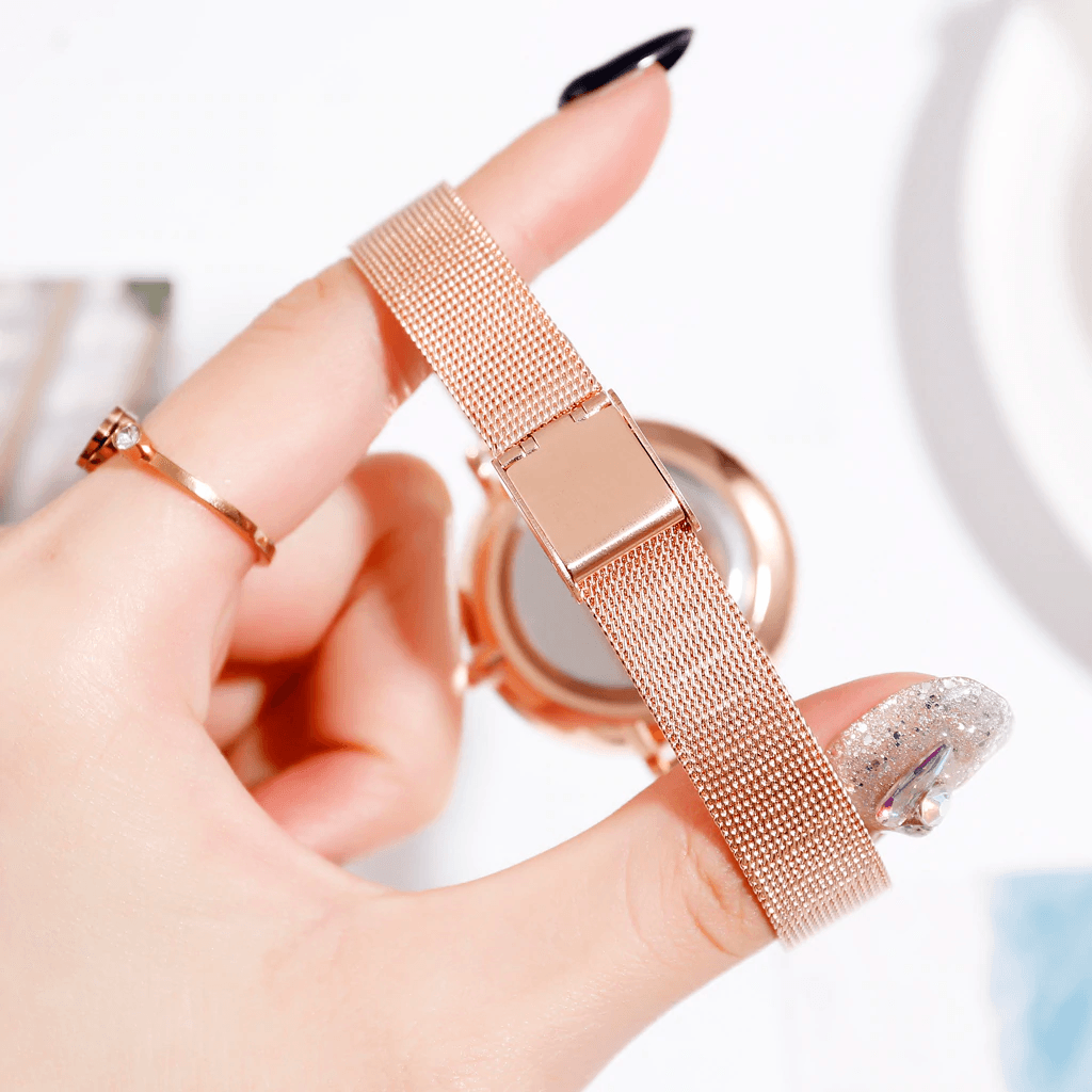 Montre Quartz Casual Femme en Or Rose avec Bracelet en Maille